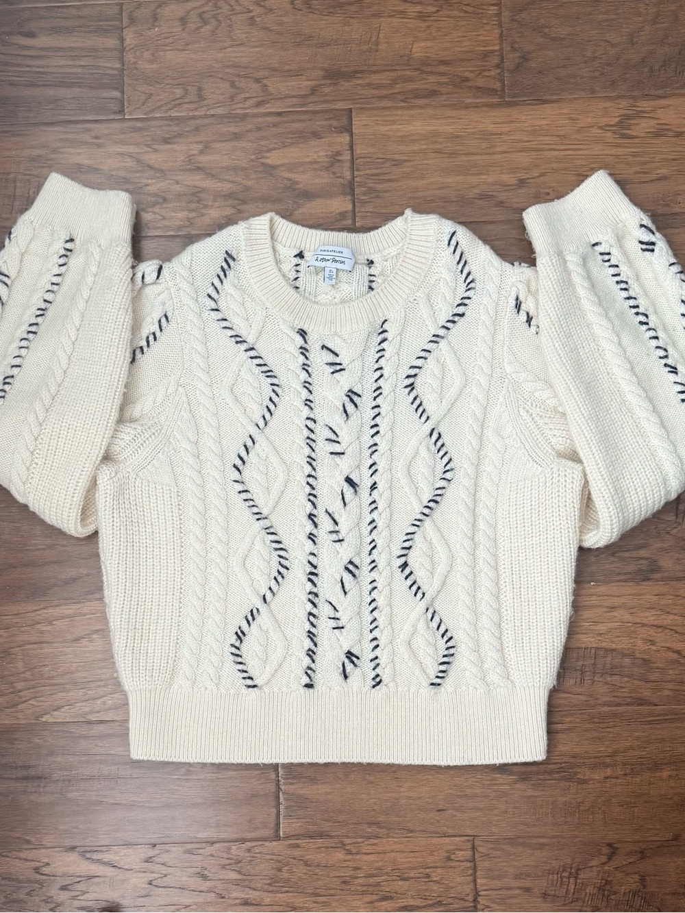 Anthropologie Vintage Style Cable Knit Wool Sweater - Cream with Navy Accents